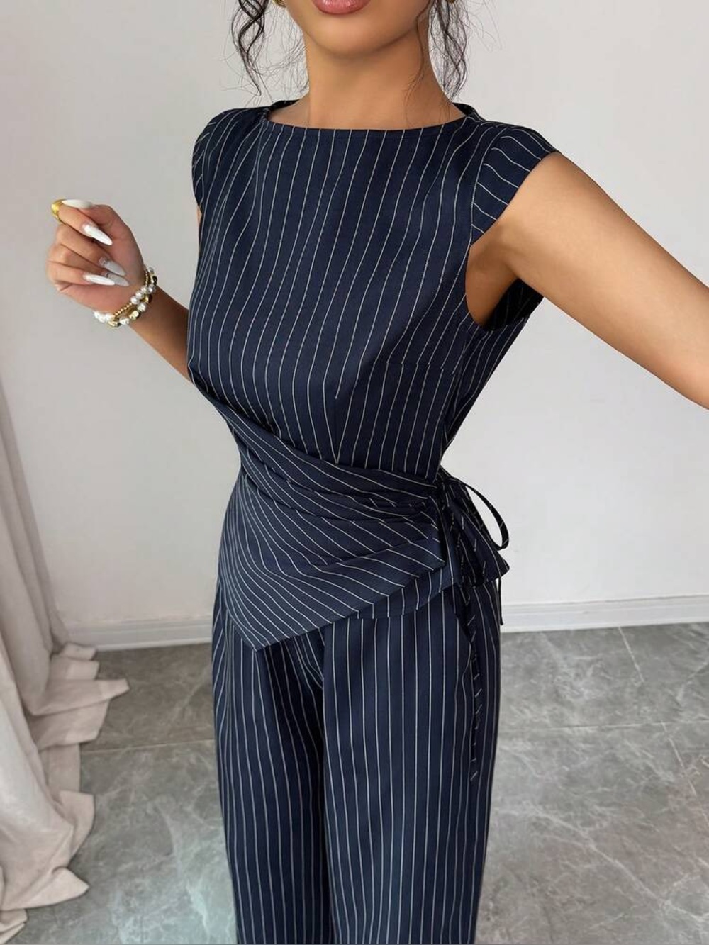 NWT Commense Pinstripe Wrap Tie Top & Wide-Leg Pants Set Size Medium $56